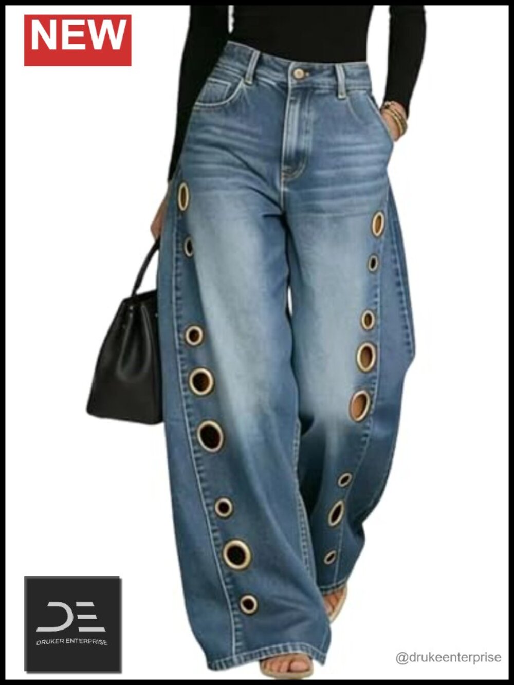 Wide Leg Baggy Jeans High Rise Eyelet Cutout Denim Pants Stretchable